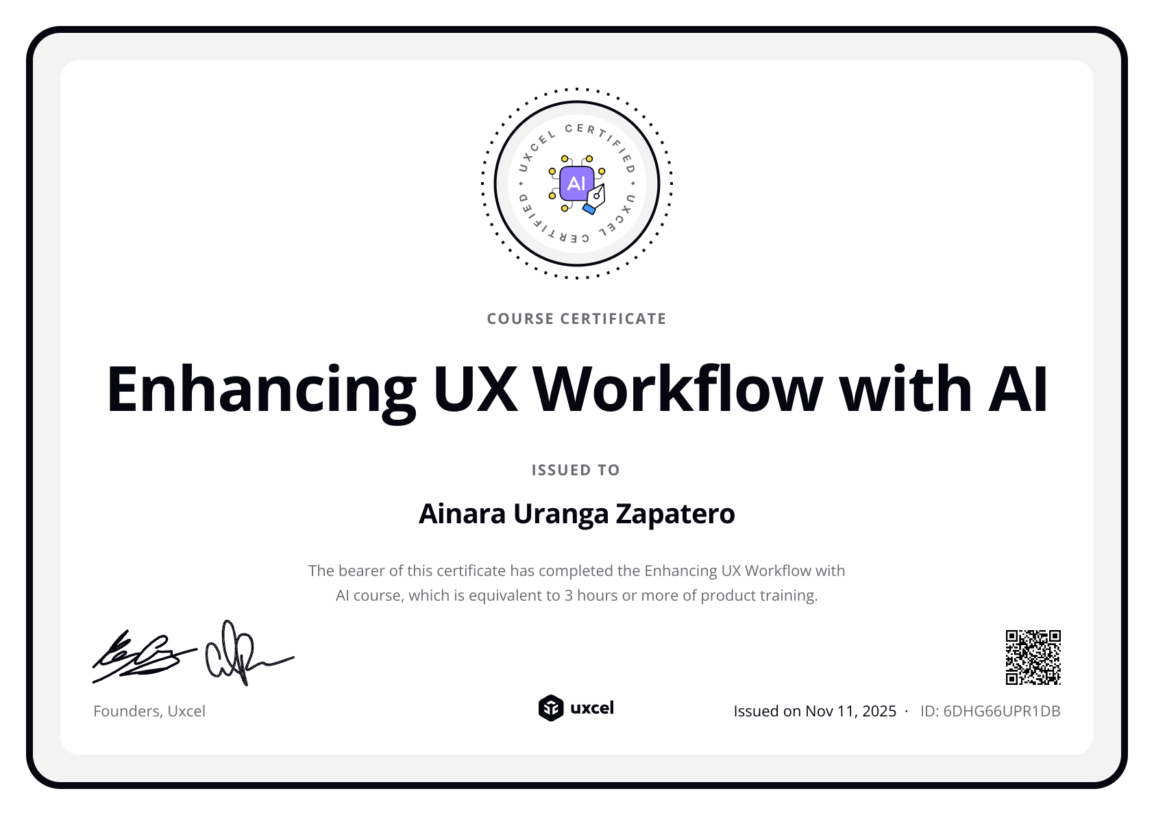 Ainara's certificate